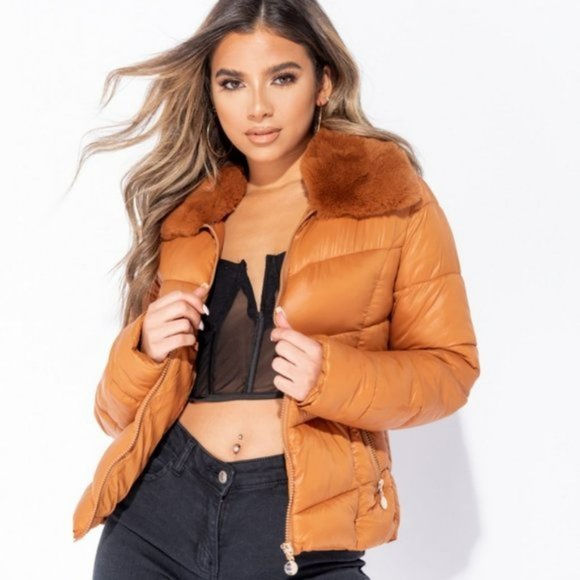 Jackets & Blazers - Long Sleeve Faux Fur Collar Padded Puffer Jacket